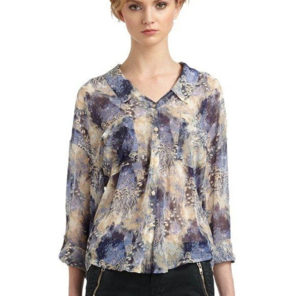 Free People Easy Rider Sheer Chiffon Button Down Blouse Cream Blue Mixed Print S